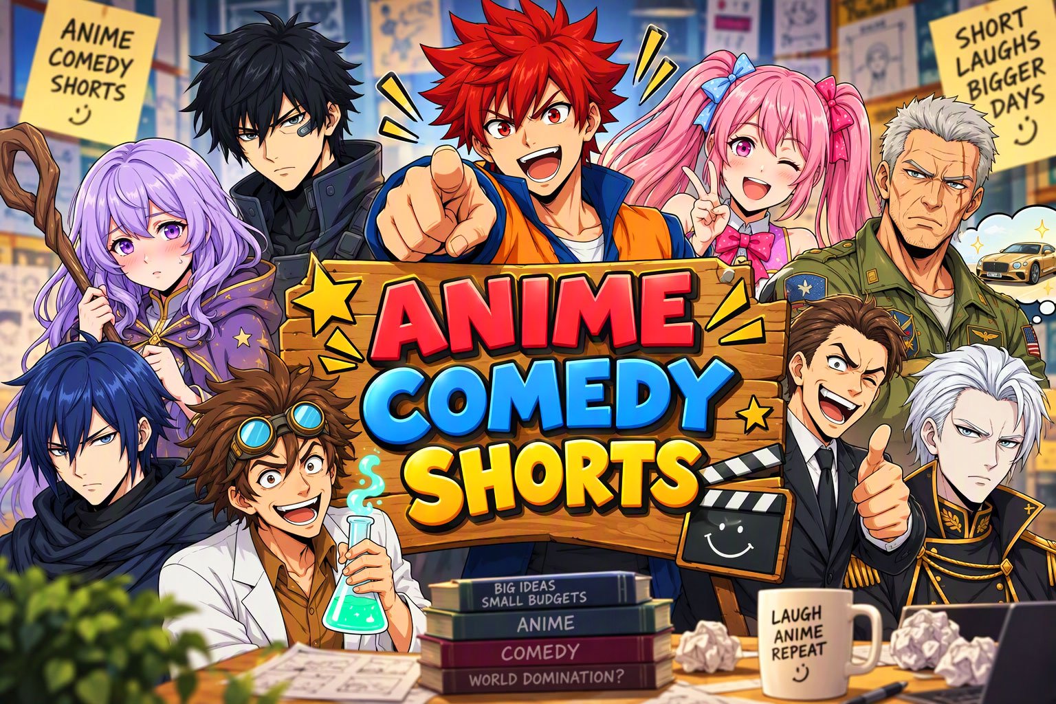 Anime Comedy Shorts Playlist cover featuring anime cast