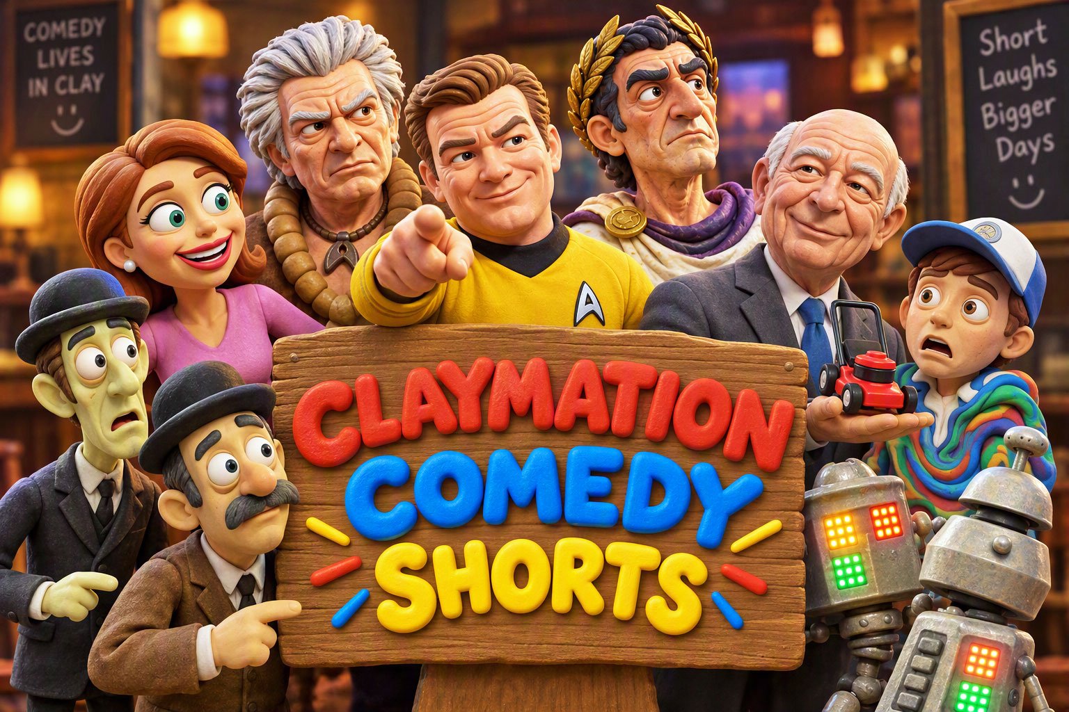 Claymation Comedy Shorts Playlist cover featuring clay sculpted characters